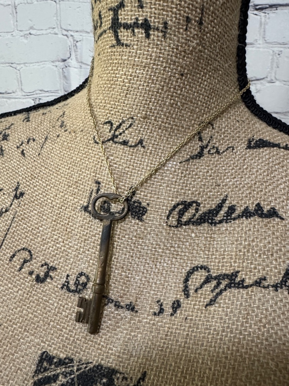Vintage Brass Skeleton Key Pendant Necklace on new gold tone chain